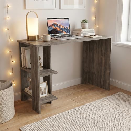 Image of Breeze Minimalist Study Table with 2-Tier Side Shelves, Modern White Computer Desk for Home Office & Students, 100x50x77cm (Dark Oak)