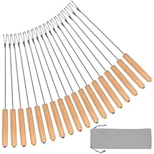 STYDDI Fondue Fork, 18Pcs Stainless Steel Color Coding Fondue Forks with Oak Wood Handle Heat Resistant for Chocolate Fountain Cheese Fondue Roast Marshmallows, 9.5 Inch