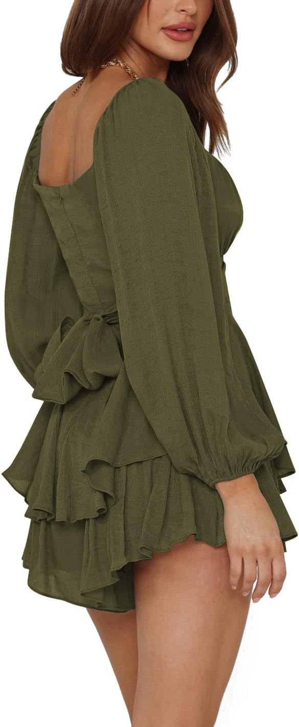 LYANER Women's Jumpsuit Lantern Long Sleeve Ruffle Layer Tie Mini Short Romper - Image 3