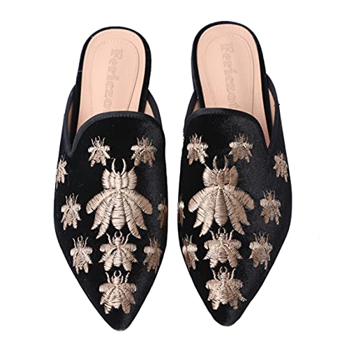 Image of Fericzot Women's Velvet Backless Pointed Toe Slip On Loafers Flats Embroidery Mule Slippers Shoes
