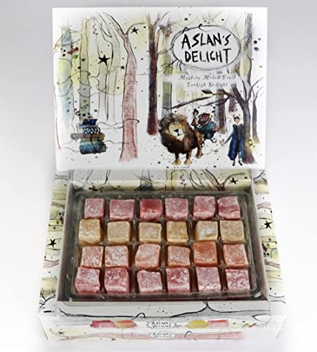 Aslan's Delight Mystery Mixed Fruit Turkish Delight Candy 10.6 OZ - Rose, Pomegranate, Orange, Lemon | Candy Large Gift Box | Vegan Candy | Gluten Free Candy | Non-GMO Candy | Lokum Loukoumi 24 Pieces