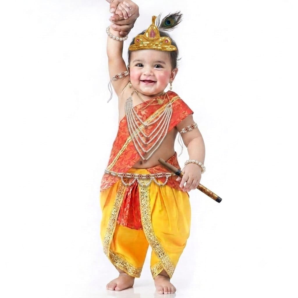 Baby Krishna Costume Set | Dhoti Patka Dress with Mukut, Morpankh, Bansuri, Hip Cover, Kamarband, Bajuband & Kundal | Kanha Fancy Dress for Janmashtami