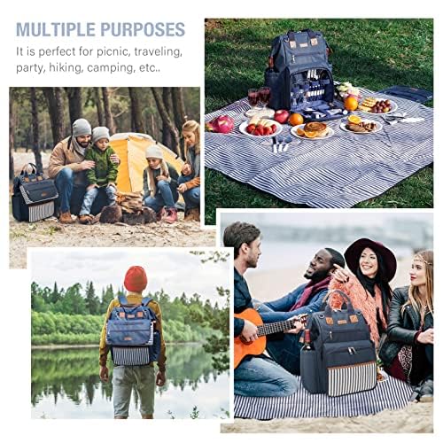 Zaino da picnic grande capacità 4 piatti scomparto termico 22,9 cm manico legno posate coperta impermeabile blu navy