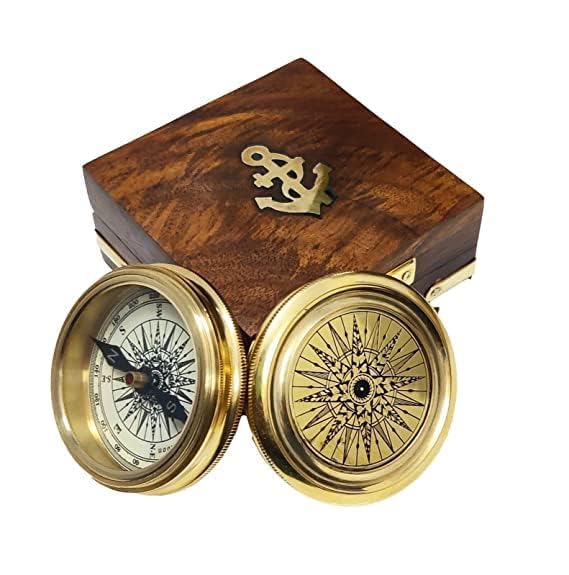 Brújula de navegación de latón con caja de madera temática náutica regalo 2 pulgadas miniatura 1