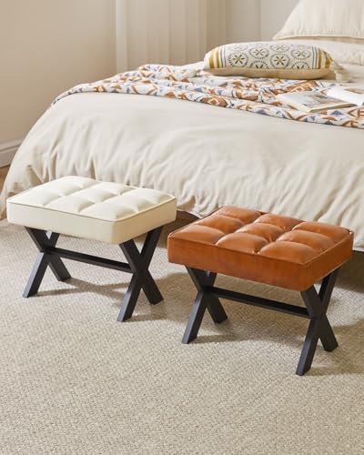 Image of IBUYKE Small 12 inch H Footrest, Square PU Step Stool, White WBD012W | Foot Stool Metal X-Leg Multi-Use Small Side Table Living Room Bedroom Entryway Office