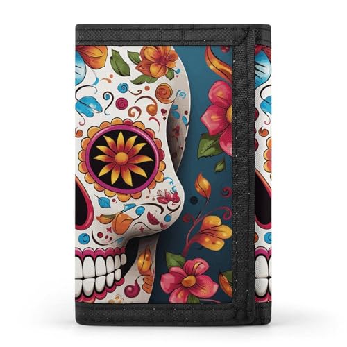 Colorful Sugar Skull Trifold Wallet for Men - Money Clip Slim Wallets with Multiple Card Slots Minimalist Small Front Pocket Wallet for Everyday Carry