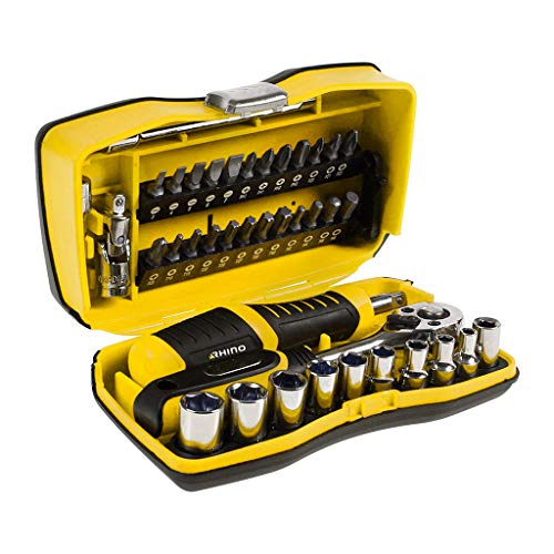 RHINO - Jeux de douilles, Coffret de vissage 39 pièces avec clé à cliquet + tournevis porte-embouts / porte-douilles - Chrome vanadium - Garantie 5 ans - 9...