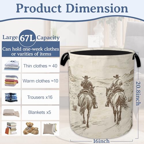 Image of Western Cowboy Laundry Hamper With Handle,Foldable Oxford Cloth Horse Desert Laundry Basket,20.8 inchx16 inch Clothes Storage Basket for Laundry Room /Bedroom /Bathroom
