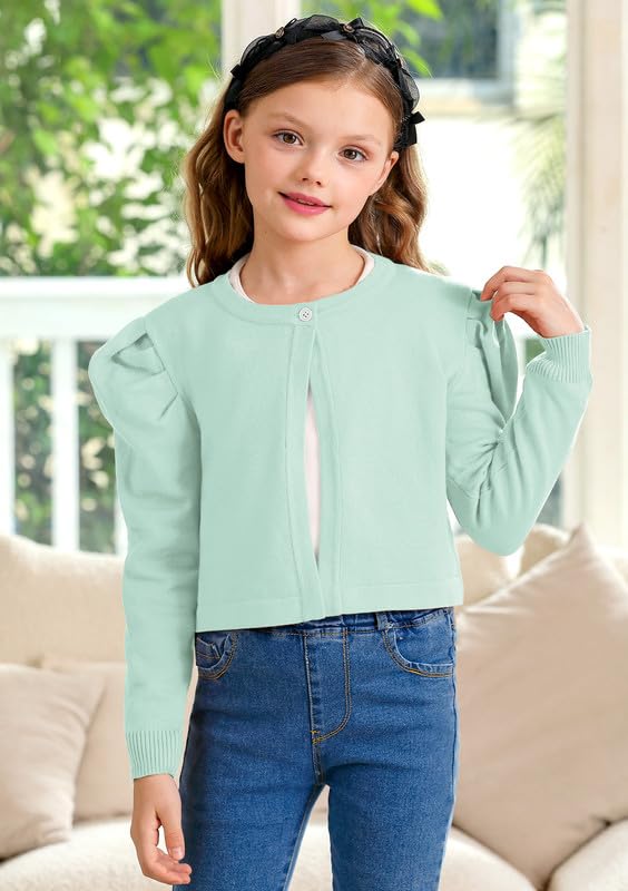 Girls Puff Long Sleeve Open Front Knit Cardigan Solid Round Neck Bolero Shrug Sweater Size 5-14 Years2