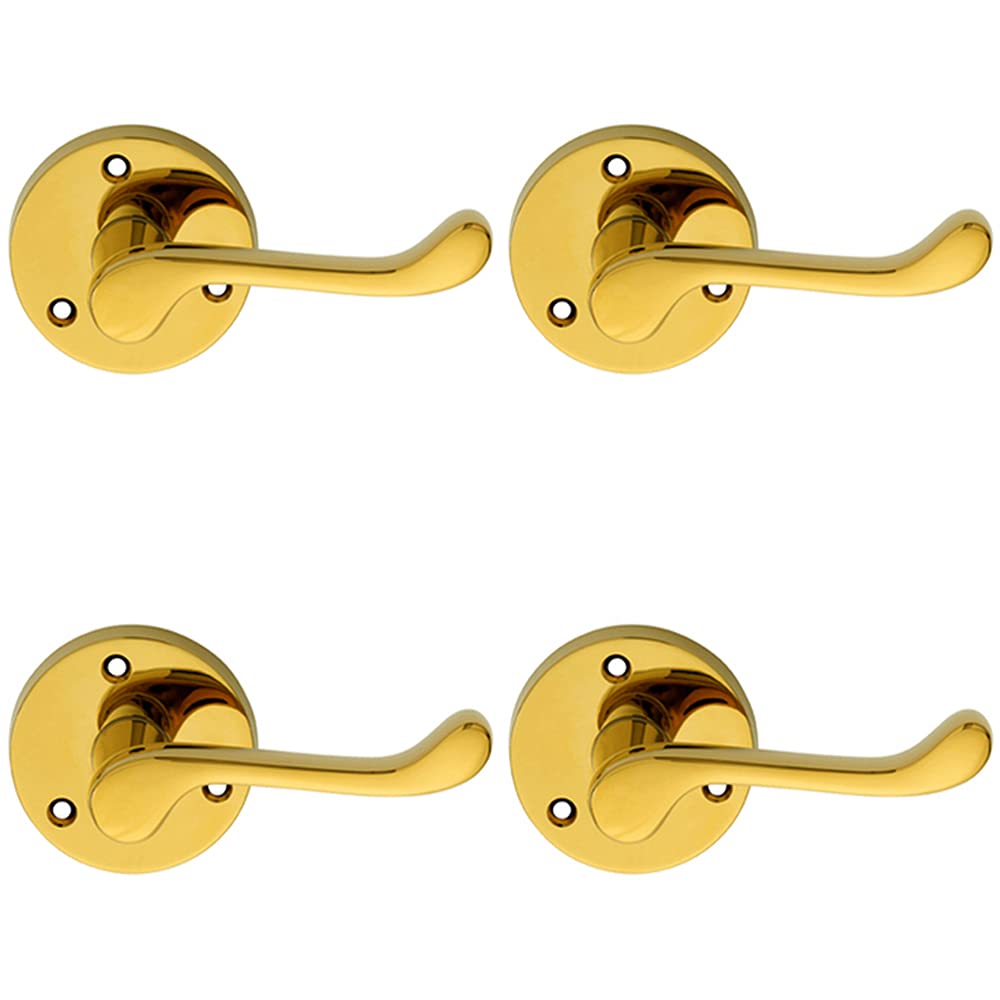 4 PACK | PAIR Victorian Scroll Lever on 58mm Round Rose - Polished Brass Door Handle | Traditional Door Handle Lever on Screwless Rose - Internal Door Hardware - Screws, Fixings and Spindle Included