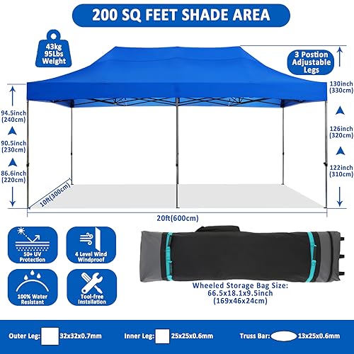 Image of COBIZI 10x20 Pop Up Canopy Tent,Heavy Duty Canopy(Blue Gray No Sidewalls)