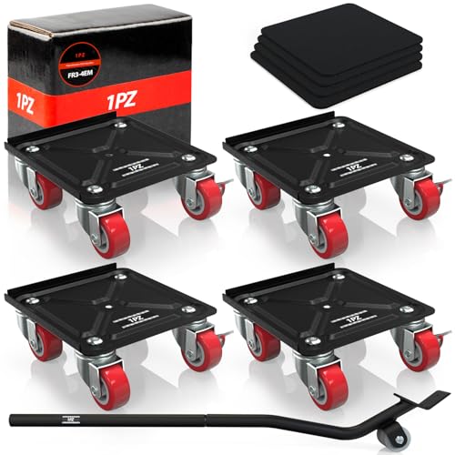 1PZ FR3-4EM Lot de 4 roulettes Robustes pour Meubles Lourds - Capacité 350 kg - Rotation à 360° - Cric de déplacement et Patins Inclus