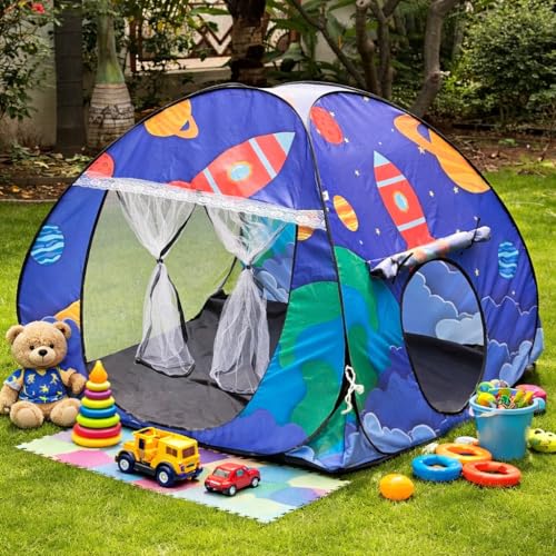 Image of Play House Foldable One Side Round Tent House for Kids Lightweight and Portable |Foldable Tent House for Kids Activity Indoor Outdoor |Play Tent House for Multi Purpose (Space-Blue)