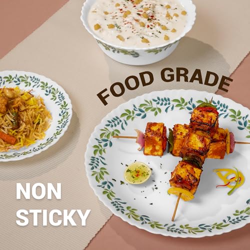 Image of Treo By Milton Opalware Aurelia Verdinia Dinner Set of 13 | Serving for 4 | Microwave & Dishwasher Safe | Bone-Ash Free | Tempered Toughness | Plates & Bowls | Crockery Set for Dining & Gifting |White