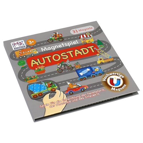 MAGNIKON Magnetspiel Autostadt 31 Magnete - Kinder Motorikspielzeug mit großem Spielfeld für die Beschäftigung bei der Autofahrt - Spiel für Unterwegs mit Magnetpuzzlen - Magnetbuch ab 3 Jahren