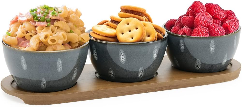 American Atelier 3 Stoneware Snack Bowls with Bamboo Serving Tray | 4-Piece Snack Serving Set | Small Serving Bowl for Candy, Nuts, Salsa, and Appetizers | Chips and Dips Snack Tray for Party