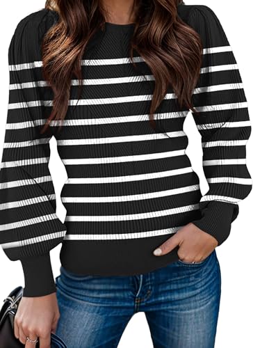 Image of Zeagoo Womens Sweaters Fall 2026 Dressy Casual Long Sleeve Shirts Ribbed Knit Winter Outfits Puff Pullover Jumper Tops