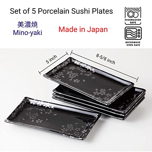 Japanbargain 4691, Japanese Sushi Set Porcelain Sushi Plates Set Dinner Plate Gift Set, Black And Silver Color Cherry Blossom, 8-5/8X5 Inch, Made In Japan #TOP1