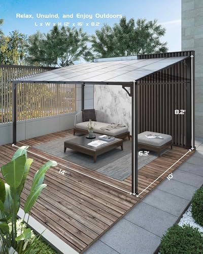 10'x 14' Lean to Gazebo, Hardtop Wall Pergola with Polycarbonate Roof, Aluminum Frame Slant Mounted Gazebo for Lawn Patio Deck Yard and Party