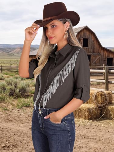 Image of MYMORE Womens Sparkly Fringe Shirt Western Cowgirl Country Concert Outfit