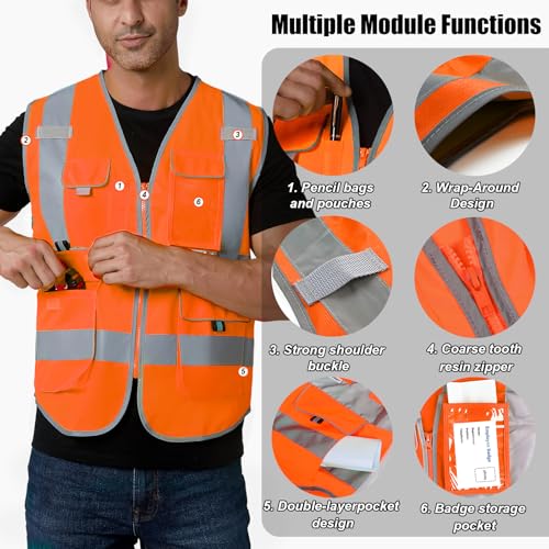 HYCOPROT Sicherheitswesten Warnweste Hohe Sichtbarkeit Sicherheit Reflektierendes Weste Executive Manager Workwear Jacke Zip Band Brace Handytasche Ausweishalter Warnwesten EN ISO 20471 Standards