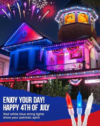Image of Brightown Red White Blue Battery Operated Mini String Lights with 8 Modes- 2 Pack 18 Feet 50 LED Independence Day Decoration Waterproof, Timer for Patriotic Xmas Holiday Party Outdoor Indoor