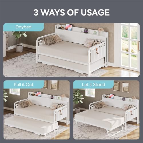Image of LIKIMIO Twin Daybed with Pop Up Trundle & Charging Station & Storage Shelf | Pop Up Trundle with Smooth Wheels, Strong Supports for Apartment and Small Space, White