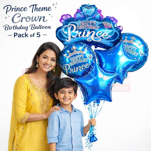 Image of Propsicle Blue Crown Foil Balloon Set of 5 Prince Theme Kids Birthday Decoration Kit, 32 Inch Crown Balloon with 18 Inch Star and Round Balloons Supports Air and Helium Inflation