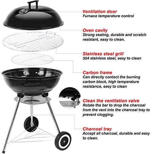 Foto von GRANDMA SHARK Holzkohlegrill Kugelgrill 18 Zoll, 45 cm Compact Kettle Outdoor Camping Reise Grill mit Zwei Rädern, Schwarz