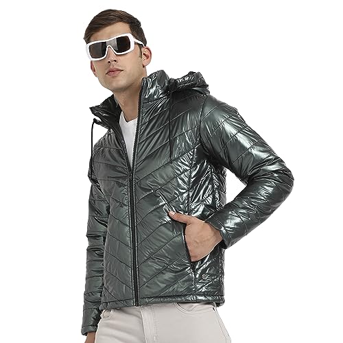 Image of Campus Sutra Men's Forest Green Zip-Front Quilted Puffer Jacket For Casual Wear | Hooded Neck | Long Sleeve | Zipper Closure | Polyester Jacket Crafted With Comfort Fit For Regular Wear