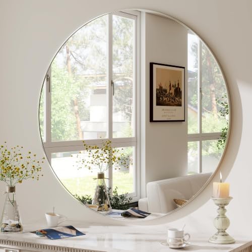 Koonmi runder Wandspiegel 45.7 cm, Aluminiumrahmen, Silber | Bad und Schminkspiegel zur Wandmontage für Badezimmer, Wohnzimmer, Schlafzimmer und Eingangsbereich