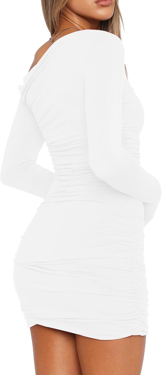 Mokoru Women's Sexy Elegant Off Shoulder Long Sleeve Ruched Bodycon Cocktail Party Mini Dresses - Image 2