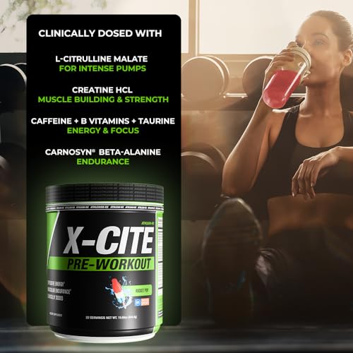 Image of X-CITE Pre-Workout by ATHLEAN-X - Enhanced Formula with Beta-Alanine, Creatine & Caffeine for Ultimate Energy, Endurance, Focus & Muscle Pump, NSF Certified for Sports (Rocket Pop)
