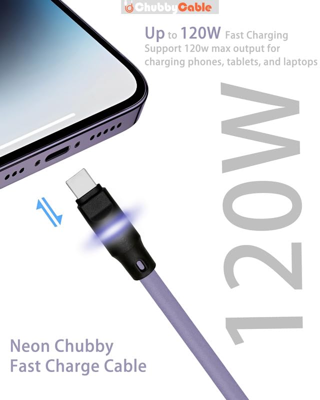 chubbycable Neon Chubby - Frosted Silicone 120W Fast Charging Cable LED Light Up USB C Cable Phones Tablets USB A to USB C Data Sync Cord, Orange, Type-C to Type-C, 1.6FT 1.6ft (0.5m) Type C-Type C Orange