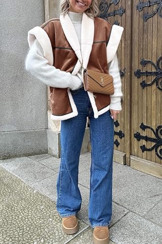 Cicy Bell Womens Suede Sherpa Vest Faux Fur Shearling Jacket Oversized Cap Sleeve Button Down Winter Coats4