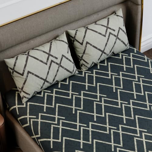 Image of Stoa Paris 100% Cotton King Size Fitted Bedsheet with 2 Pillow Covers, 180TC Printed Bedding Set, All-Season Comfort, Soft & Lightweight, Home Decor, Urbanscape - Slate Lattice (182cmx198cm+30cm)