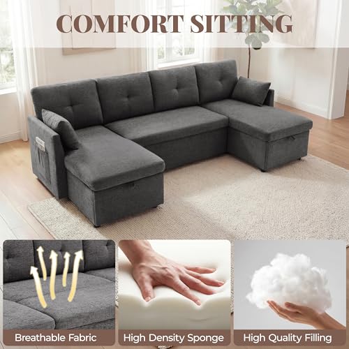 Image of Huatean Home 100 inch Oversized Sleeper Sofa Couch, 2 in 1 Pullout Couch Bed with Side Pockets for Living Room, Sectional Sleeper Sofa Bed with Double Storage Chaise, Darkgrey
