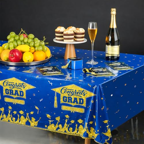 Image of Graduation Decorations 2026-2 Pcs Blue and Gold Gongrats Grad Tablecover for Graduation Party Decorations, Class Blue Plastic Table Covers 54 inchx108 inch