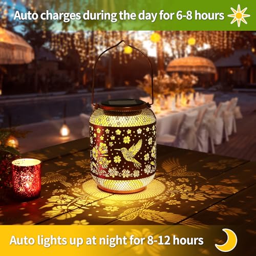 Image of 2 Pack Solar Lanterns Outdoor Waterproof Hummingbird Garden Decor Birthday Gifts for Women Mom Grandma Hanging Solar Lights Metal Decoration Outside for Yard, Patio, Backyard, Porch, Pathway