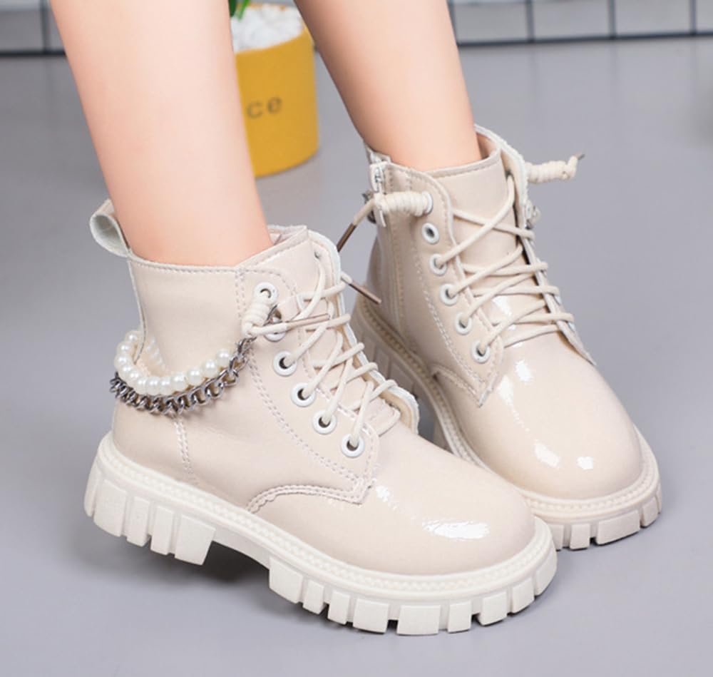Girls Combat Boots with Pearl and Chain Dress Ankle Boots Side Zipper Lace Up Riding Shoes (Toddler/Little Kid/Big Kid)