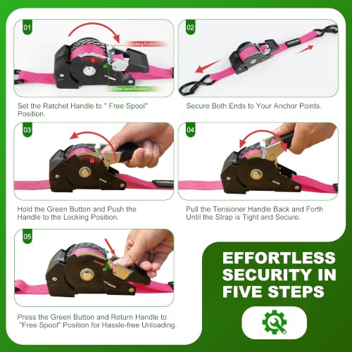 Image of Retractable Ratchet Straps (4-Pack) - 1in x 10ft, Pink Ratchet Straps