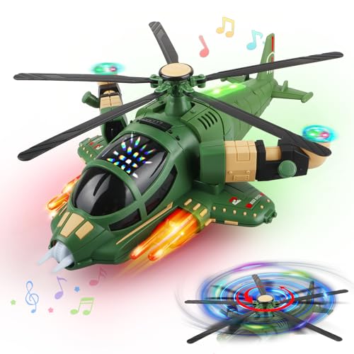 victob Helicopter Toy for Toddlers with Lights and Music 360 Rotating Airplane Toy for Kids Bump-and-Go Action Birthday Gift for Boys Girls Ages 3-7 Green