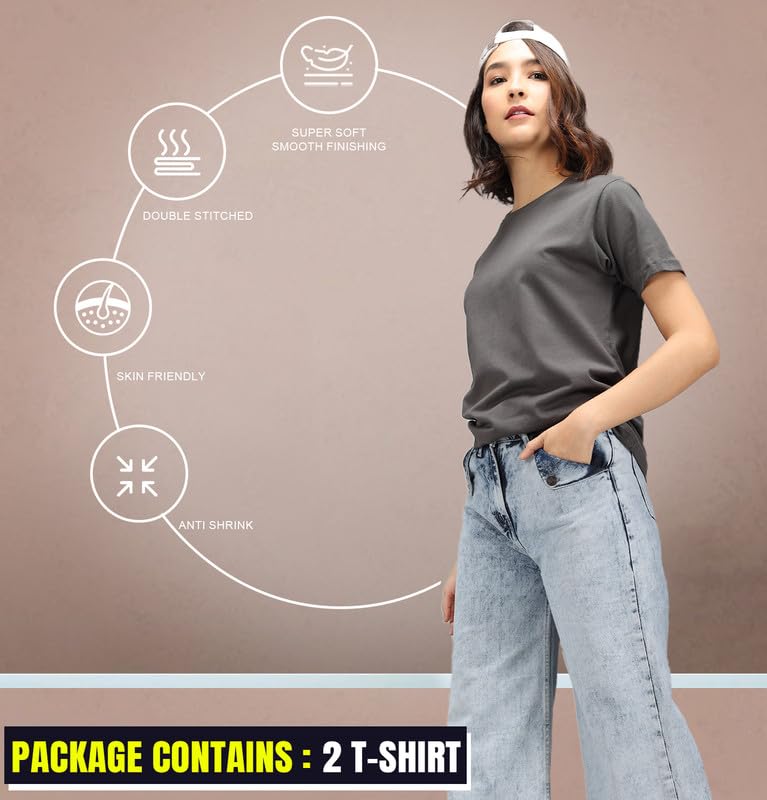 Image of Sleepynuts Women's S to 3XL Premium Half Sleeve Round Neck Plain Combed Cotton Tshirt Pack of 3 Loose Fit T-Shirts Combo