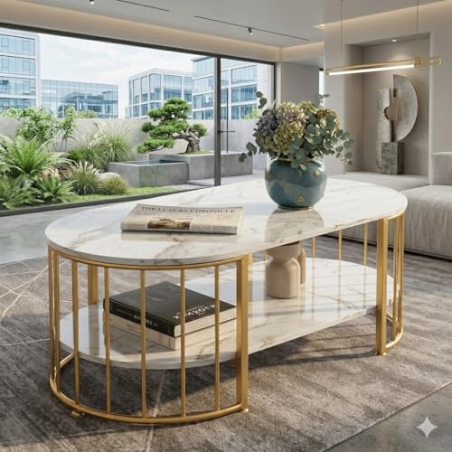 Image of Shoppee Rectangular Coffee Table Modern 2-Tier Center Table with Marble Finish Top Gold Metal Frame Stylish Sofa Table Elegant Cocktail for Living Room /Drawing /Dining Room (Black & Gold)