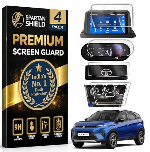 Spartan Shield {4 Pack} Screen Guard for Tata Nexon 2026 || 7” Infotainment + 4” MID + AC Panel (Manual Buttons) + Steering Cluster Protector | Only Fits ** SMART+ CNG / SMART+S CNG ** | HD Clear, Anti-Scratch, Water Resistant | Nexon 2025 Facelift Car Dashboard Display & Stereo Accessories [Not Tempered Glass] **Match Each Screen Shape & Size Before Ordering**