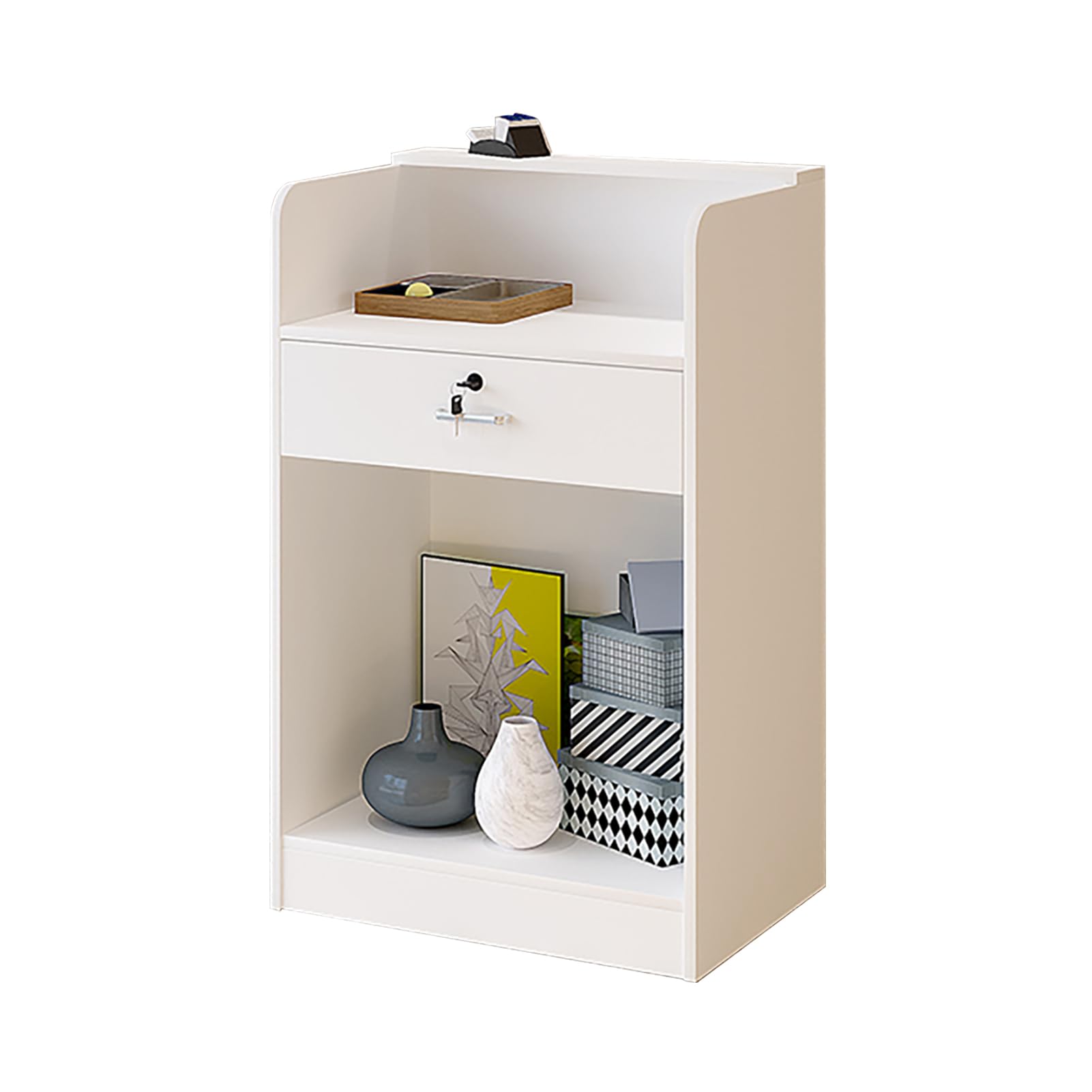 Moderno banco cassa con cassetto e armadietto, ideale per saloni e aziende, di piccole dimensioni
