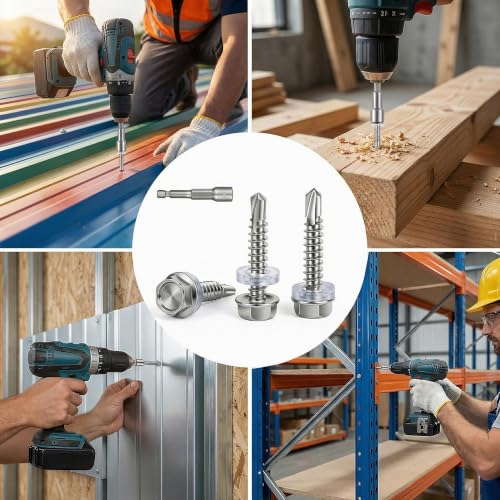 ZKAILCF Vis Autoforeuse Metal Inox 410 Vis Autoperforante 4.8x32mm 100Stk avec Rondelles D'étanchéité EPDM Fixation étanche et 1 Douilles Hexagonale pour Metal Bac Acier Bois Tôle Placo Toiture – vue 7