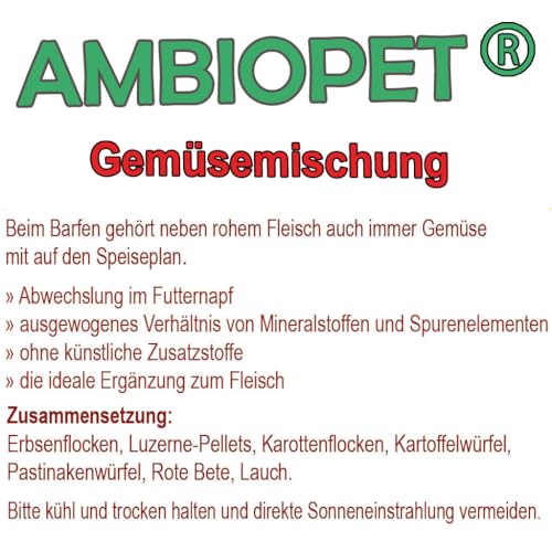 Ambiopet® getrocknete Barf Gemüseflocken für Hunde im 500g Beutel, Gemüsemischung aus Karotten, Erbsen, Roter Bete & Luzerne, reich an Nährstoffen, ohne künstliche Zusatzstoffe