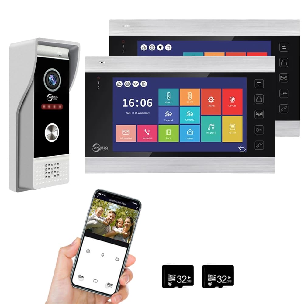 Tuya - Videocitofono con telecamera HD 1080P da 7 pollici, con campanello cablato, monitor WiFi con schermo grandangolare per visione notturna e rilevamento del movimento, 2 monitor