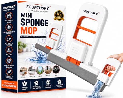 Image of Mini Sponge Mop for Kitchen & Home Cleaning | Self-Squeeze Foldable Wet & Dry Sponge Wiper | Portable Cleaning Mop for Bathroom | Glass Mirror Desktop Car Window Countertop and Small Spaces